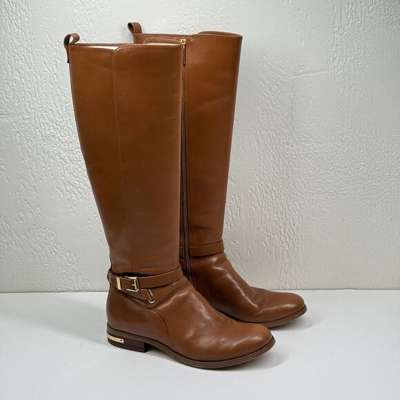 Michael Kors Arley Knee High Boots Brown Leather Round Toe Zip Size 6.5M - Picture 1 of 11